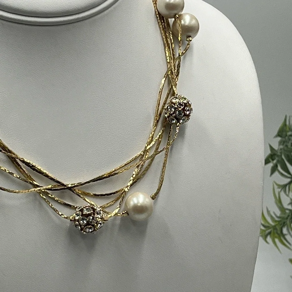 Kate Spade NY Gold Plated Triple Strand Faux Pearl Pave Beads Long Necklace